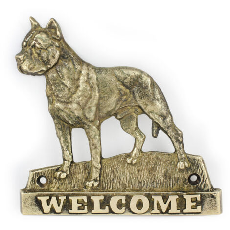 American Staffordshire Terrier, Amstaff, Amstaf III: placa de bienvenida de latón con un perro, placa de bienvenida única con la inscripción Welcome de Art-Dog