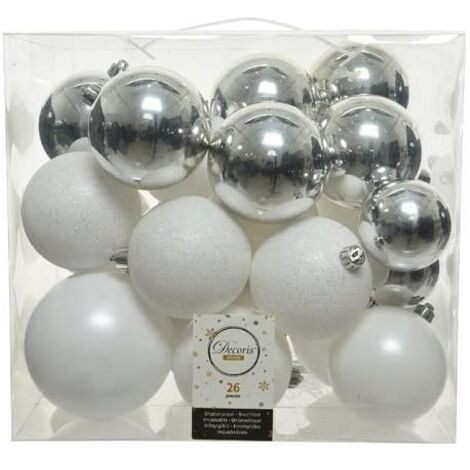 Amicasa, Palline di Natale, 26 Pezzi, Mix Bianco e Argento, Decorazioni Albero
