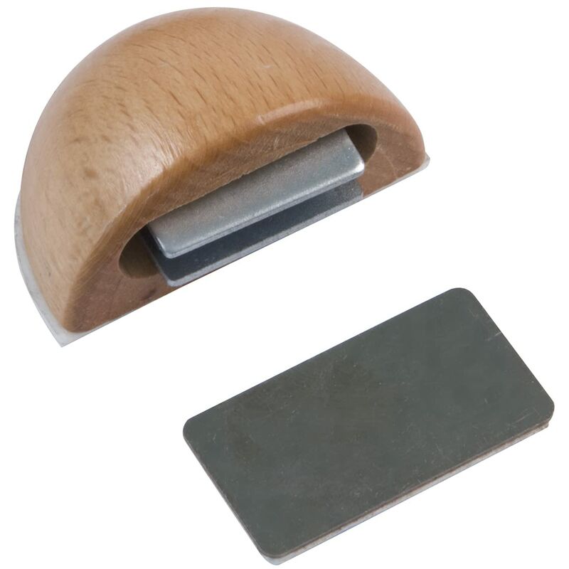 Image of Fermaporta magnetico adesivo per porte di passaggio 48 x 25 mm Modello 407 Finitura in legno di faggio Fissaggio a terra Facile installazione - Amig