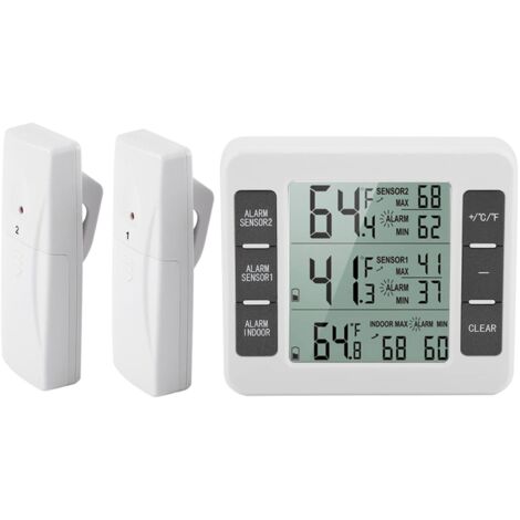 AMIR Kühlschrank-Thermometer, kabelloses Innen-Außen-Thermometer, Temperatursensor mit akustischem Alarm, Temperaturanzeige für Gefrierschrank, Küche, Zuhause (Batterie).