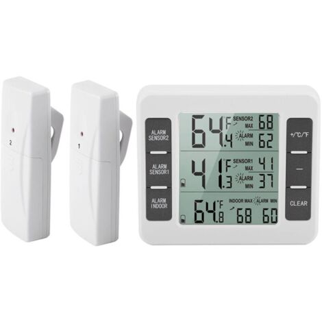 AMIR Thermomètre de réfrigérateur, thermomètre intérieur extérieur sans fil, capteur de température avec alarme sonore Jauge de température pour congélateur Cuisine Maison (Batterie