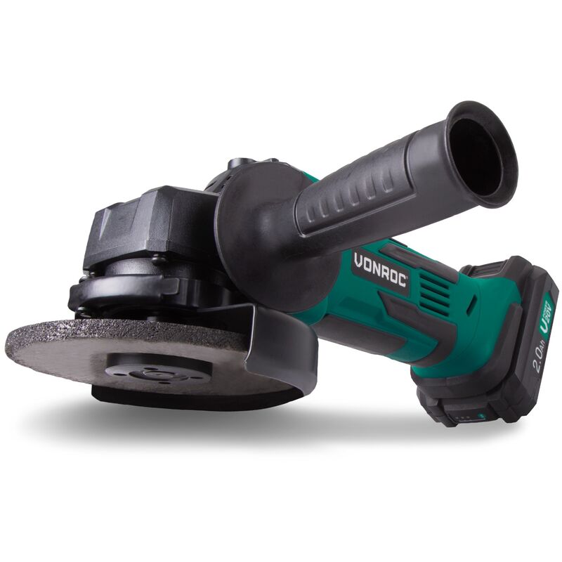 VONROC Amoladora angular inalámbrica 115mm, VPower 20V – juego completo con 2.0Ah batería, cargador rápido, mango lateral y estuche de almacenamiento