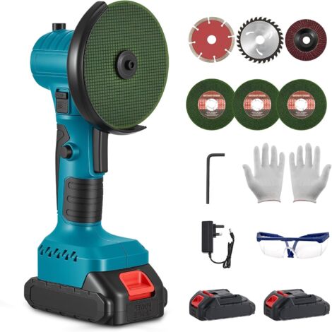 Amoladora angular inalámbrica de 21 V con ángulo de cabezal ajustable a 180°, mini amoladora angular potente de 19500 RPM con 2 baterías de 2,0 Ah, 6 discos de 76 mm, para cortar, esmerilar y pulir