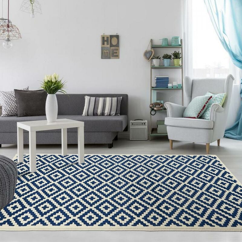 

Pequeño Entrada de la alfombra interior - Alfombra vida moderna escandinava Diseño geométrico Berbere - Negro Alfombra Crema 60x110 cm - Bleu