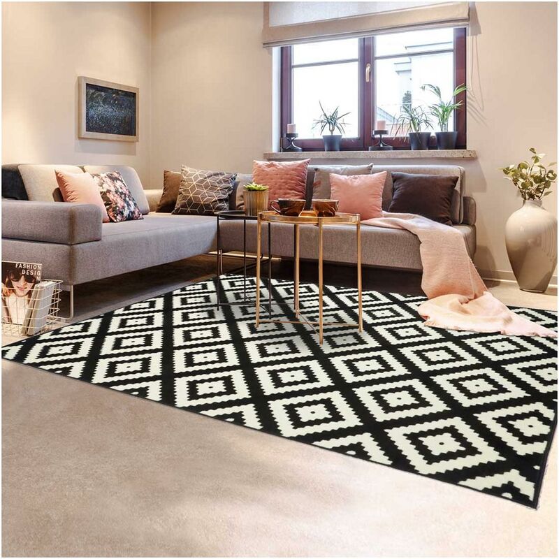 

Pequeño Entrada de la alfombra interior - Alfombra vida moderna escandinava Diseño geométrico Berbere - Negro Alfombra Crema 60x110 cm - Noir
