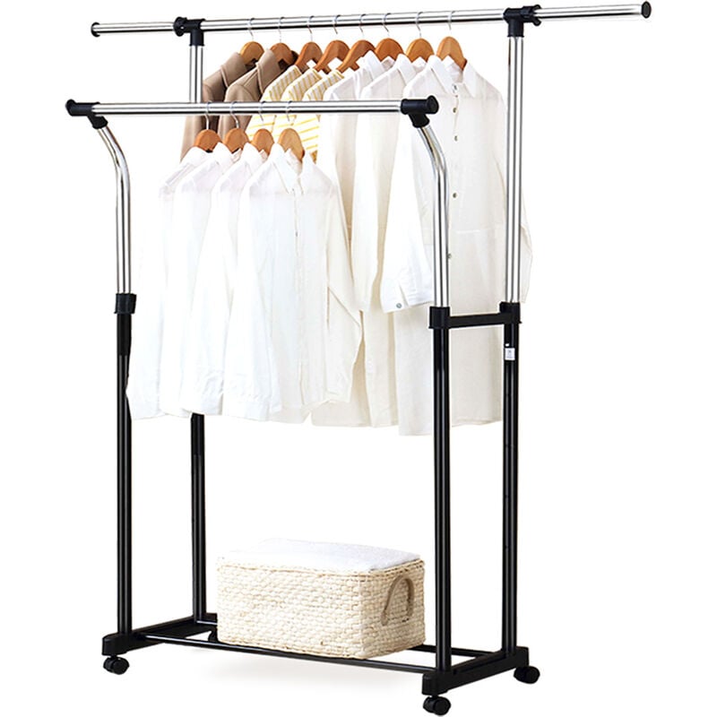 Amovible Double Rail Vetement Rack Roulant Lavage Sechage Etendoir Support De Stockage Organisateur Avec Etagere Du Bas Longueur Hauteur Ajustable