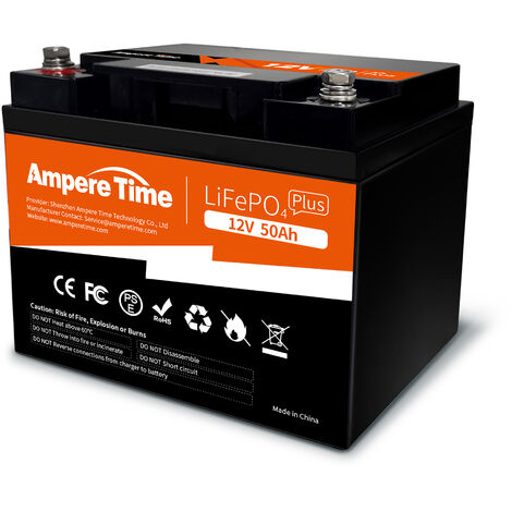 Ampere Time Batterie lithium LiFePO4 50Ah 12V avec un cycle 4000 +, idéale pour les bateaux, les bateaux et les campings