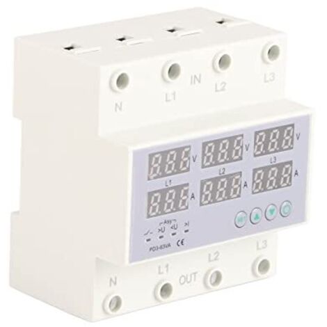 Amperímetro trifásico de riel DIN, voltímetro CA de 390 a 500 V, dispositivo de protección de corriente de respuesta rápida, protector automático contra sobretensiones y sobrecorrientes (63 A)