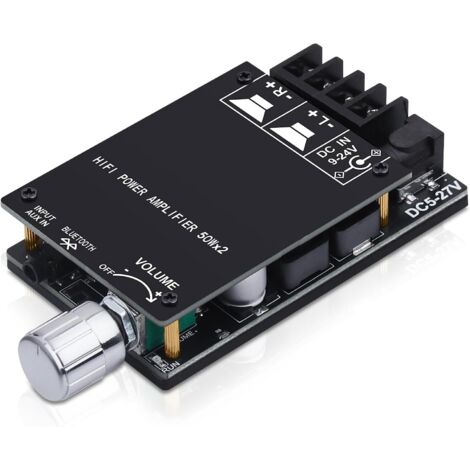 Amplificateur Audio - 2 Canaux 50 W - Bluetooth 5.0 - Entrée AUX - Alimentation DC 9-24 V - Pour Enceintes Passives - Module Compact 102 x 50 x 18 mm