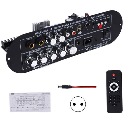 Amplificateur Audio 2.1 Channel Bluetooth 5.0 50Wx2 100W Subwoofer HIFI Digital Module avec AUX USB TF MIC Protection Survoltage EU Plug