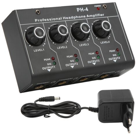 Amplificateur Casque 4 Canaux avec Splitter Stéréo, Entrée RCA, Mini Commutateur et Prise UE 220VAC