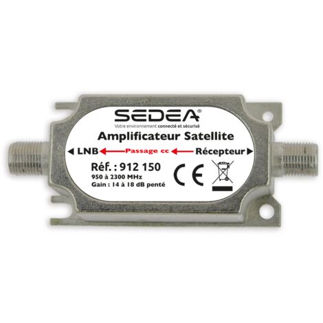 Sedea – Amplificateur de ligne satellite 950-2150 MHz – Gain 14 à 18 dB – Faible bruit 4 dB – Alimentation directe 13/18 Vcc