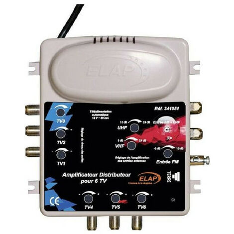 Amplificateur distributeur TV professionnel 2 entrées 6 sorties – Gain réglable 8 à 22 dB – Installation rapide pour 6 téléviseurs – Hdme