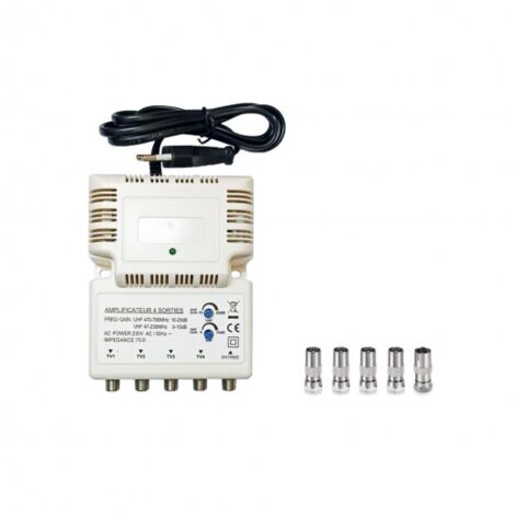 Amplificateur intérieur UHF 1 entrée 4 sorties Gain 25dB Blanc + 5 Adaptateurs TV Connecteurs F (1 Femelle à F Mâle + 4 Mâle à F Mâle)