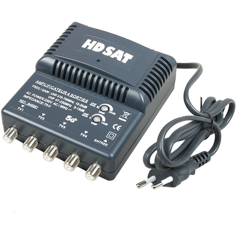 Amplificateur Antenne tv tnt 4 sorties ampli d'intérieur 220V - Gain 25dB Réglable uhf vhf - Hdsat
