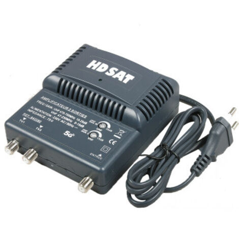 Amplificateur TV d'intérieur 2 sorties – Gain réglable 10 à 25 dB – Connectique F – Alimentation 220V – Améliore réception signal faible – Hdsat