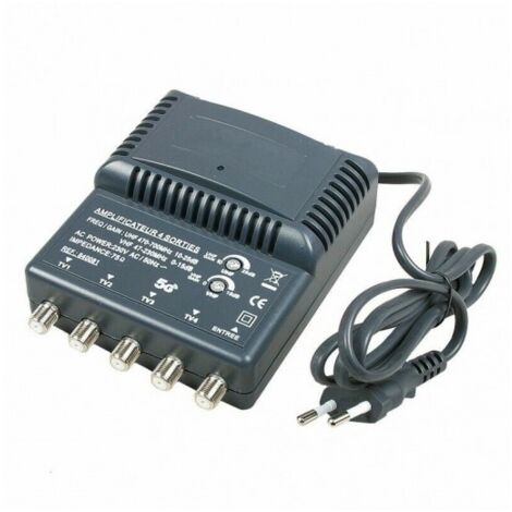 Amplificateur TV 1 entrée 4 sorties – Gain UHF 25dB, VHF 15dB – Impédance 75 Ohms – Alimentation 230V – Pour antenne numérique