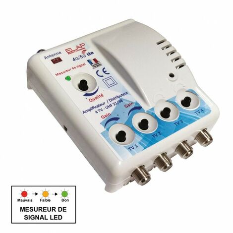 Amplificateur TV intérieur 4 sorties 23dB – Réglage de gain – Mesureur de signal intégré – Filtré 4GLTE 700 – Qualité PRO – Elap