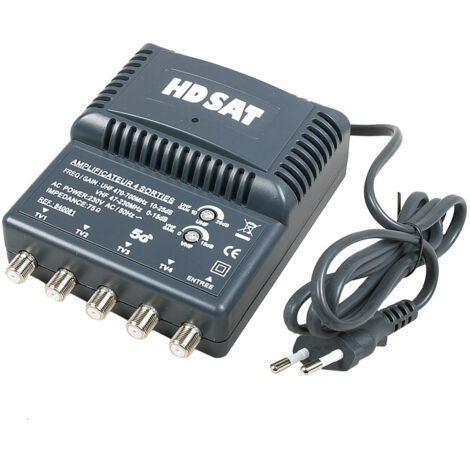 Amplificateur TV intérieur 4 sorties – Gain réglable 10 à 25dB – Connectique F pour UHF/VHF – Améliore la réception du signal – Hdsat - GAIN 25 DB