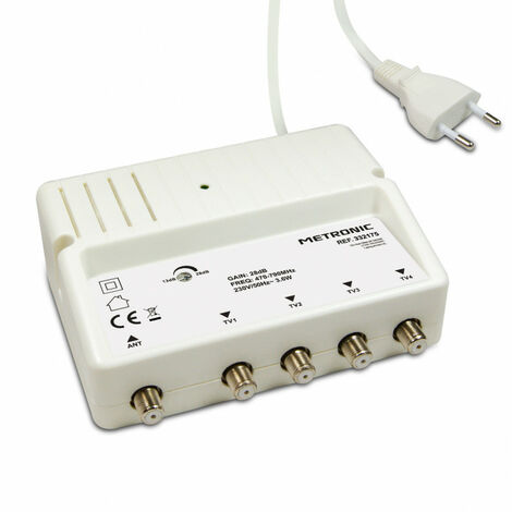 Amplificateur TV répartiteur blindé 4 sorties – Réglage de gain pour qualité d'image optimale – Connexion fiche F antiparasites – Metronic