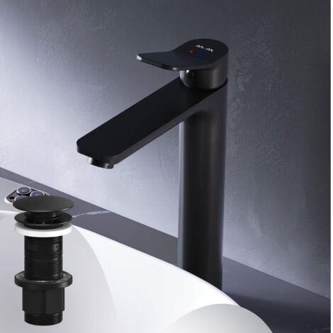 AM.PM Badarmatur Hoch Pop-Up Ablaufventil für Waschbecken Wasserhahn Bad Schwarz Waschtischarmatur mit Ablaufgarnitur 1 1/4 Zoll Messing Ventil Ablauf