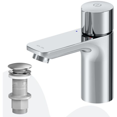 AM.PM Badarmatur mit Pop-Up Ablaufventil für Waschbecken Wasserhahn Bad Chrom Waschtischarmatur mit Ablaufgarnitur 1 1/4 Zoll Messing Ventil Ablauf