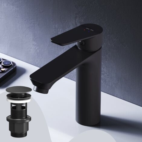 AM.PM Badarmatur mit Pop-Up Ablaufventil für Waschbecken Wasserhahn Bad Schwarz Waschtischarmatur mit Ablaufgarnitur 1 1/4 Zoll Messing Ventil Ablauf