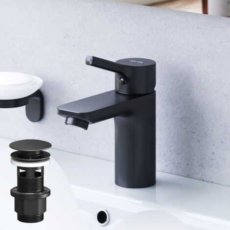 AM.PM Badarmatur mit Pop-Up Ablaufventil für Waschbecken Wasserhahn Bad Schwarz Waschtischarmatur mit Ablaufgarnitur 1 1/4 Zoll Messing Ventil Ablauf