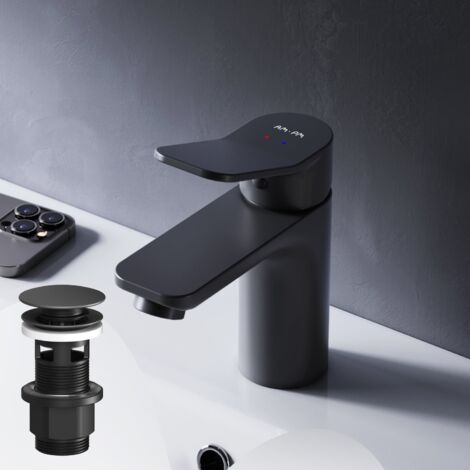 AM.PM Badarmatur mit Pop-Up Ablaufventil für Waschbecken Wasserhahn Bad Schwarz Waschtischarmatur mit Ablaufgarnitur 1 1/4 Zoll Messing Ventil Ablauf