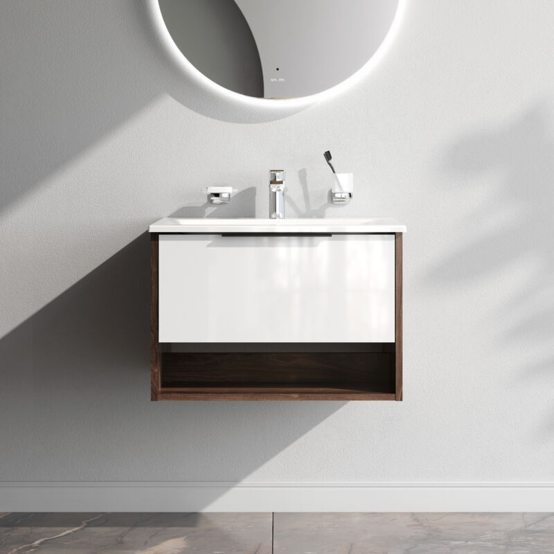 Am.pm - Meuble de Salle de Bain avec lavabo suspendu Meuble Sous Vasque Blanc Brilliant avec 1 tiroir ouvert niche 60 cm