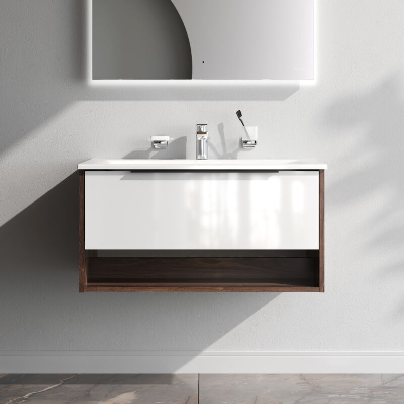 Am.pm - Meuble de Salle de Bain avec lavabo suspendu Meuble Sous Vasque Blanc Brilliant avec 1 tiroir ouvert niche 80 cm