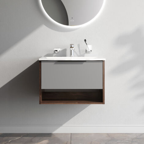 AM.PM Meuble de Salle de Bain avec lavabo suspendu Meuble Sous Vasque Blanc Brilliant avec 1 tiroir ouvert niche 60 cm