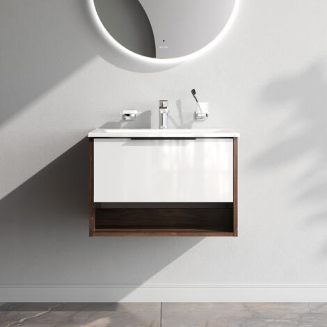 AM.PM Meuble de Salle de Bain avec lavabo suspendu Meuble Sous Vasque Blanc Brilliant avec 1 tiroir ouvert niche 60 cm