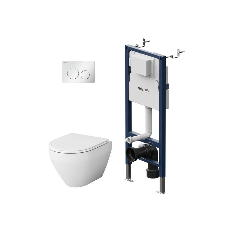 Am.pm - wc Set Pack wc Bâti-support + wc suspendu sans bride + Abattant softclose + Plaque chrome