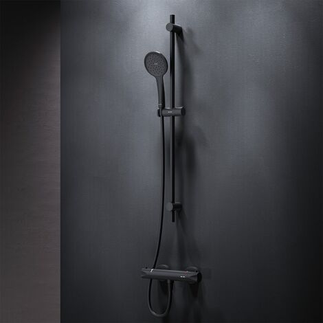 AM.PM Schwarz Set für Dusche : Brausethermostat& Duschset (Handbrause&Stange)Brauseset: Handbrause, Duschstange und ThermostatDuschset und Duschthermostat, rundDuscharmatur mit Thermostat für Badezimm