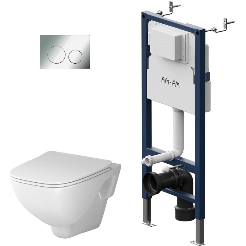 Am.pm - wc Set Pack wc Bâti-support + wc suspendu sans bride + Abattant softclose + Plaque chrome