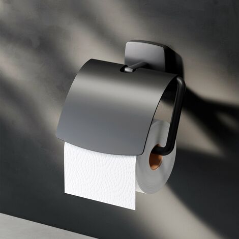 AM.PM Toilettenpapierhalter mit Deckel Wandmontage ohne bohren klebend Klopapierhalter Edelstahl WC Papierhalter Badezimmer Edelstahl, Schwarz matt