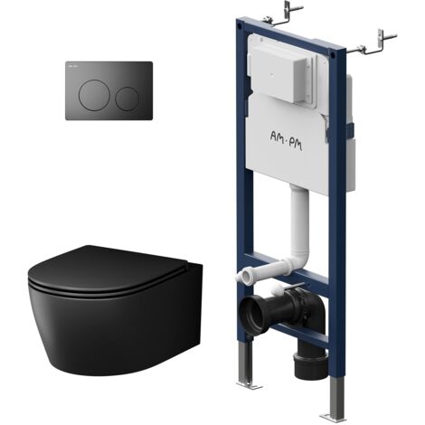 AM.PM Wand-WC spülrandlos Set Schwarz mit Vorwandelement Komplettset Unterputz Spülkasten FlashClean Unterputzspülkasten Schüssel Drückerplatte