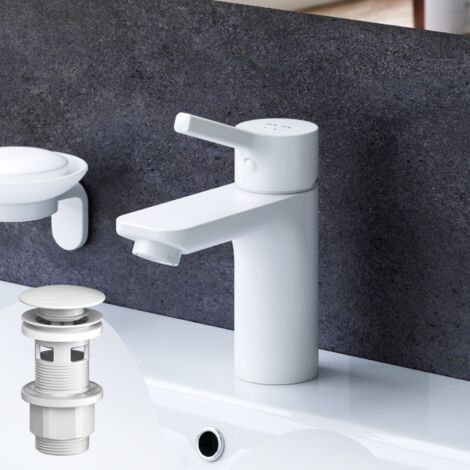 AM.PM Wasserhahn Bad Wasserhahn mit Klick-Ablaufgarnitur Waschtischarmatur Ablaufgarnitur Waschbecken Waschbeckenarmatur Spültisch Armatur , Weiss