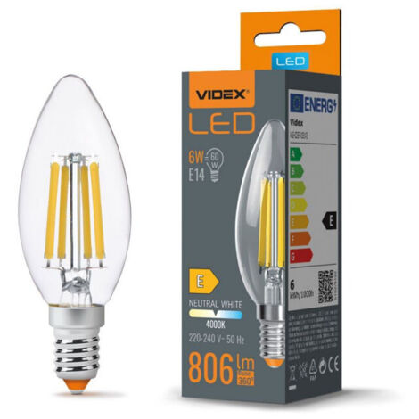 Ampoule bougie à filament C35 6W E14 neutre 806lm 4000K Videx