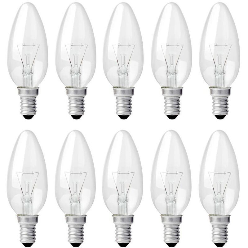 Ampoule Bougie Clair E14 40W, Ampoule Incandescence Dimmable, Blanc Chaud 2700K, 400LM, Ampoule Flamme, E14 Ampoules à bougie à vis Edison, Pack de 10