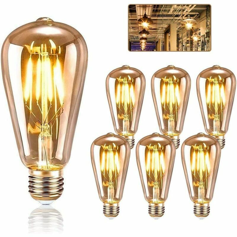 Ampoule Edison rétro E27, ampoule led Edison E27 ST64 4W, ampoule Edison à filament rétro pour restaurants, cafés, paquet de 6 (non variable)
