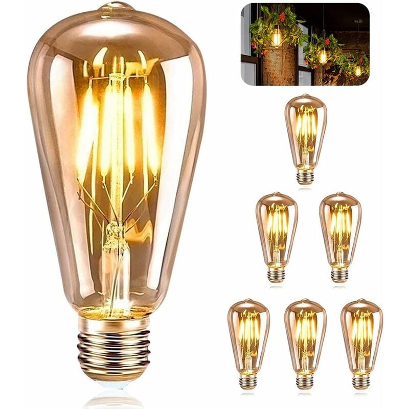 Ampoule E27 Vintage, 6 Pièces, led E27 ST64 Lampe Décorative Rétro Edison Vintage Antique 4W Filament Blanc Chaud pour Restaurant Café Bar Ampoules à