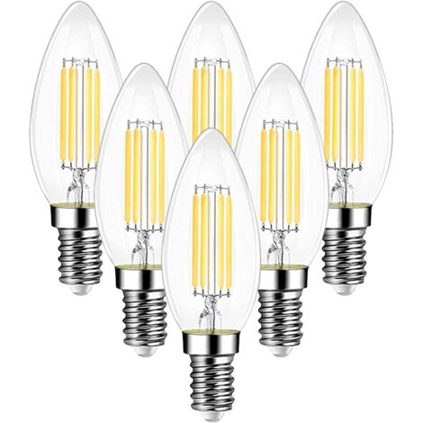 Ampoule Filament Bougie Vintage LED E14, Ampoules 6W LED Filament équivalent ampoule traditionnelle 60W, E14 Ampoules Culot Vintage Edison Blanc Chaud 2700K 750LM, Lot de 6 [Classe énergétique E]