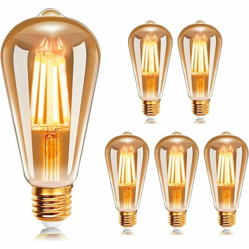 Ampoule Filament Led E27 St64 4W 2200K Blanc Chaud, Rétro Edison Ampoules Vintage Antique Lampe , 400Lm Equivalent Ampoule Incandescente 35W, Lot De 6