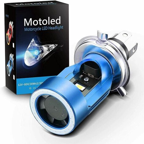 Ampoule H4 LED avec Yeux d'ange, Phare HS1 6400LM DC 12V pour Moto, Bleu, Pack de 1