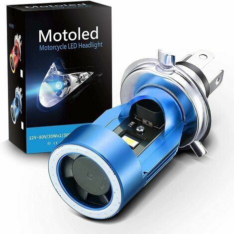 Ampoule H4 LED avec Yeux d'ange, Phare HS1 6400LM DC 12V pour Moto, Bleu, Pack de 1