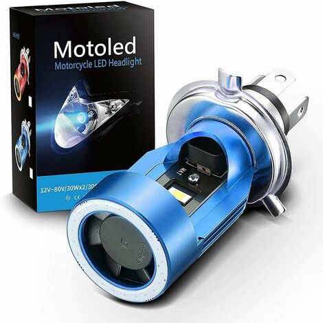 Ampoule H4 LED avec Yeux d'ange, Phare HS1 6400LM DC 12V pour Moto, Bleu, Pack de 1