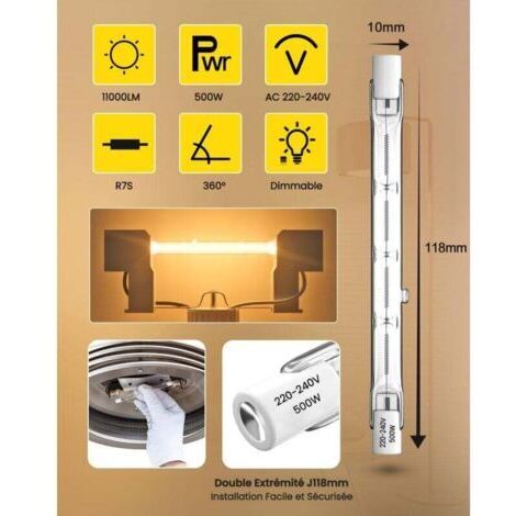 Ampoule halogène dimmable R7s 500 W 118 mm, lumière blanc chaud 2800 K, spot linéaire double culot, lot de 2