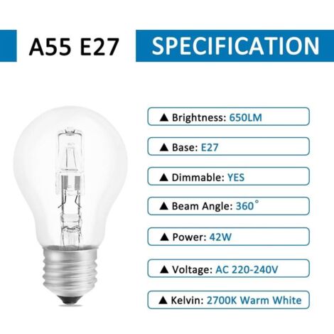 Ampoule Halogène E27 A55 42W Dimmable, AC220-240V, 650LM Blanc Chaud 2700K, Transparent Ampoule Globe E27 Halogene pour Plafonnier, Lampe de bureau, Applique, Lampadaire, Lot de 5 NPTERBL